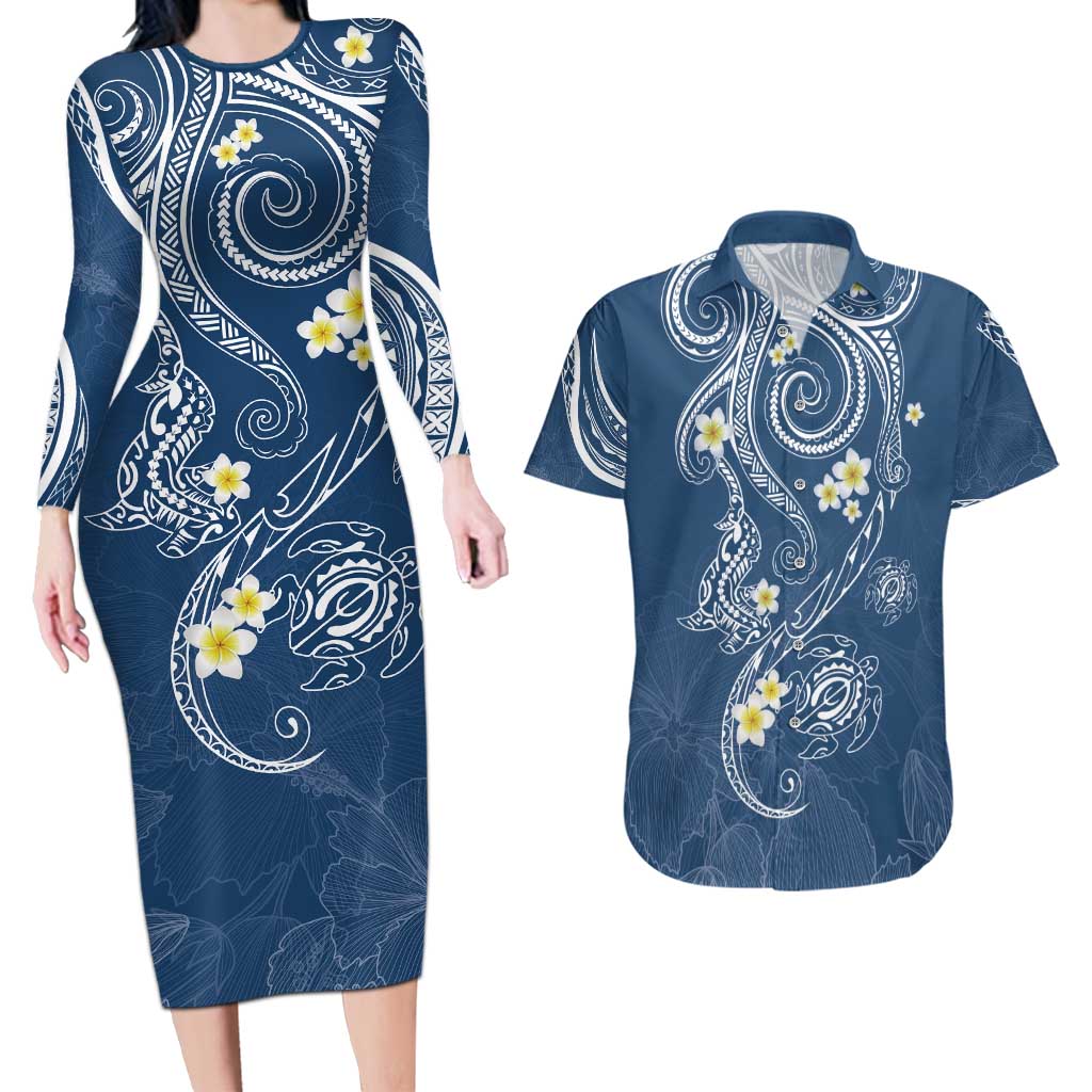 Polynesia Tribal Couples Matching Long Sleeve Bodycon Dress and Hawaiian Shirt Deep Blue Plumeria Tentacles LT7 Blue - Polynesian Pride