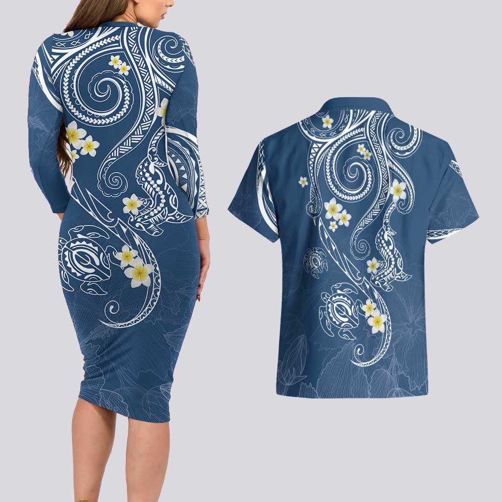 Polynesia Tribal Couples Matching Long Sleeve Bodycon Dress and Hawaiian Shirt Deep Blue Plumeria Tentacles LT7 - Polynesian Pride