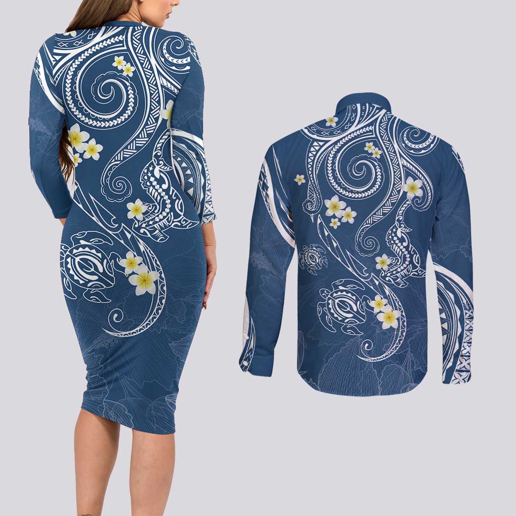 Polynesia Tribal Couples Matching Long Sleeve Bodycon Dress and Long Sleeve Button Shirt Deep Blue Plumeria Tentacles LT7 - Polynesian Pride