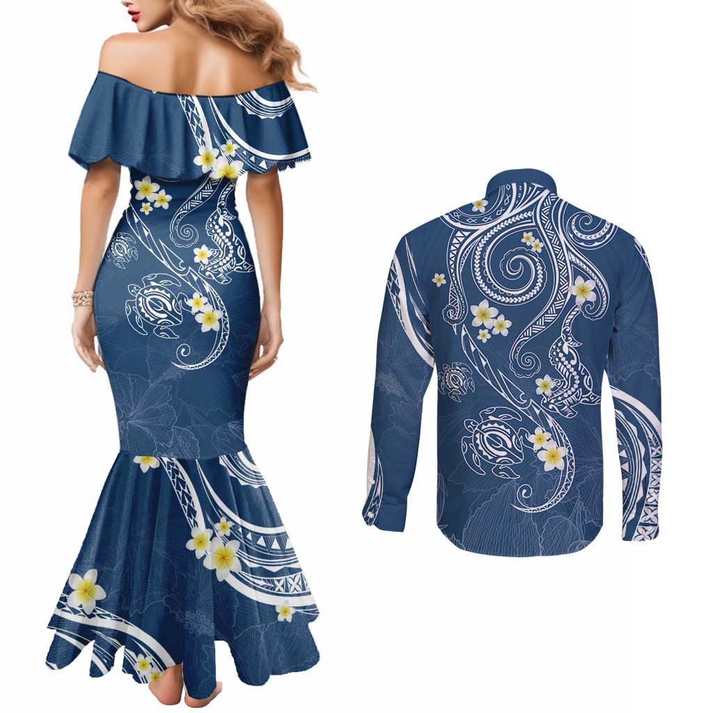 Polynesia Tribal Couples Matching Mermaid Dress and Long Sleeve Button Shirt Deep Blue Plumeria Tentacles LT7 - Polynesian Pride