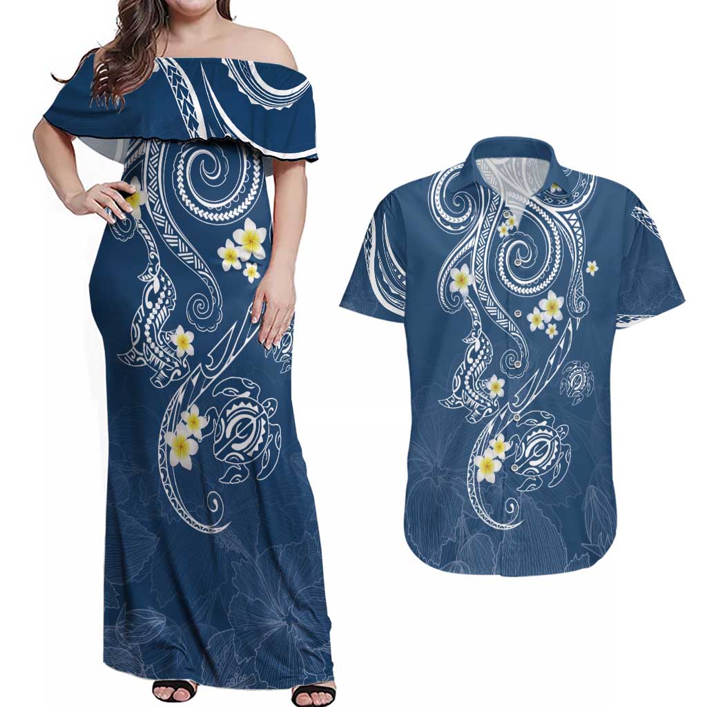 Polynesia Tribal Couples Matching Off Shoulder Maxi Dress and Hawaiian Shirt Deep Blue Plumeria Tentacles LT7 Blue - Polynesian Pride