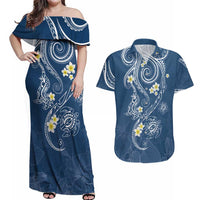 Polynesia Tribal Couples Matching Off Shoulder Maxi Dress and Hawaiian Shirt Deep Blue Plumeria Tentacles LT7 Blue - Polynesian Pride
