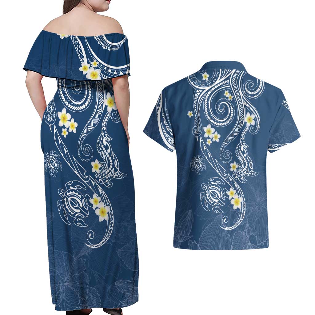 Polynesia Tribal Couples Matching Off Shoulder Maxi Dress and Hawaiian Shirt Deep Blue Plumeria Tentacles LT7 - Polynesian Pride