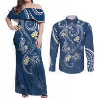 Polynesia Tribal Couples Matching Off Shoulder Maxi Dress and Long Sleeve Button Shirt Deep Blue Plumeria Tentacles LT7 Blue - Polynesian Pride