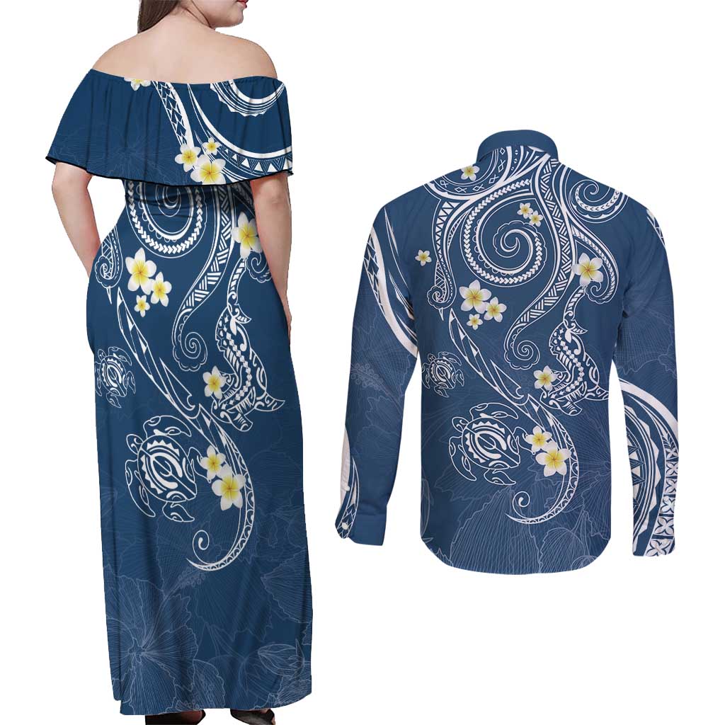 Polynesia Tribal Couples Matching Off Shoulder Maxi Dress and Long Sleeve Button Shirt Deep Blue Plumeria Tentacles LT7 - Polynesian Pride