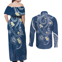 Polynesia Tribal Couples Matching Off Shoulder Maxi Dress and Long Sleeve Button Shirt Deep Blue Plumeria Tentacles LT7 - Polynesian Pride