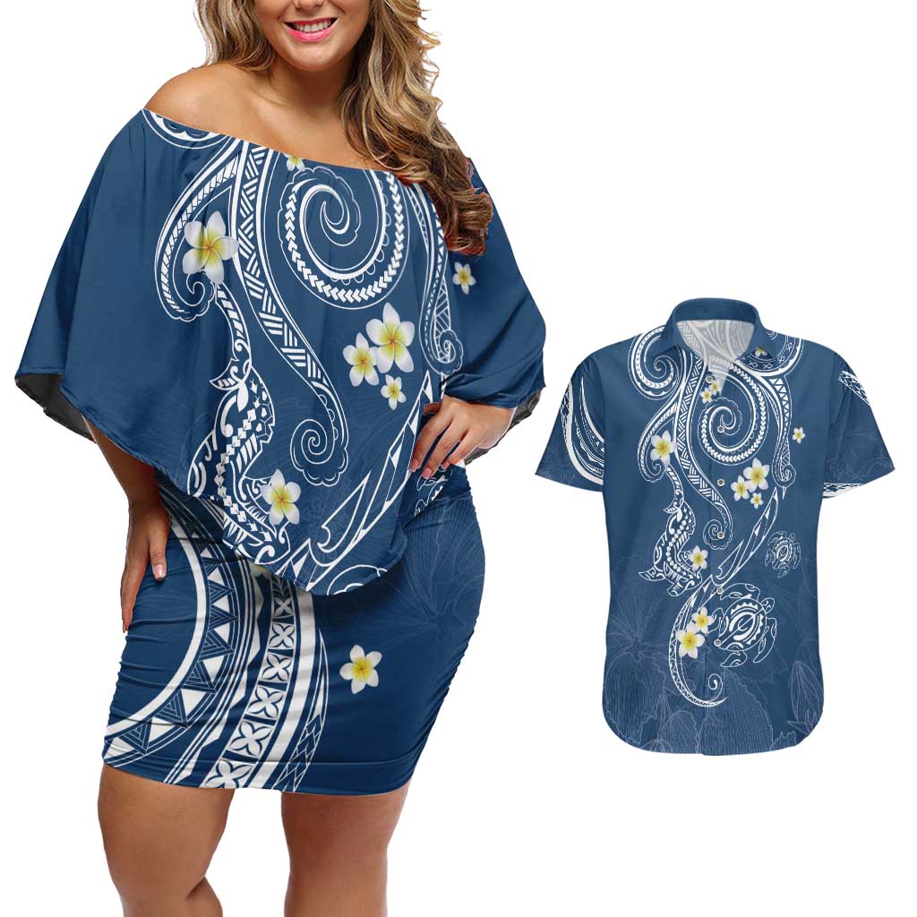 Polynesia Tribal Couples Matching Off Shoulder Short Dress and Hawaiian Shirt Deep Blue Plumeria Tentacles LT7 Blue - Polynesian Pride