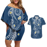 Polynesia Tribal Couples Matching Off Shoulder Short Dress and Hawaiian Shirt Deep Blue Plumeria Tentacles LT7 Blue - Polynesian Pride