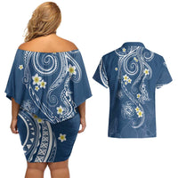 Polynesia Tribal Couples Matching Off Shoulder Short Dress and Hawaiian Shirt Deep Blue Plumeria Tentacles LT7 - Polynesian Pride