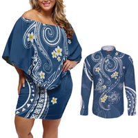 Polynesia Tribal Couples Matching Off Shoulder Short Dress and Long Sleeve Button Shirt Deep Blue Plumeria Tentacles LT7 Blue - Polynesian Pride