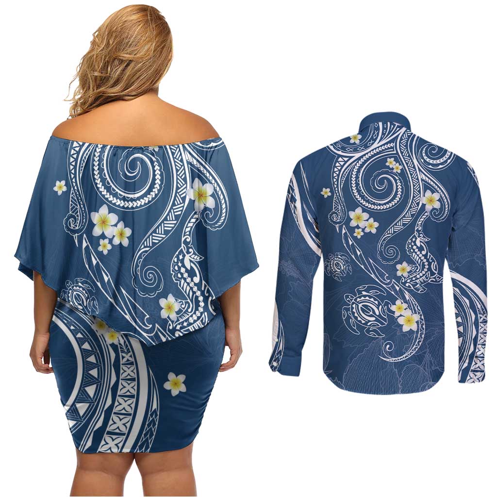 Polynesia Tribal Couples Matching Off Shoulder Short Dress and Long Sleeve Button Shirt Deep Blue Plumeria Tentacles LT7 - Polynesian Pride