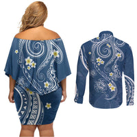 Polynesia Tribal Couples Matching Off Shoulder Short Dress and Long Sleeve Button Shirt Deep Blue Plumeria Tentacles LT7 - Polynesian Pride