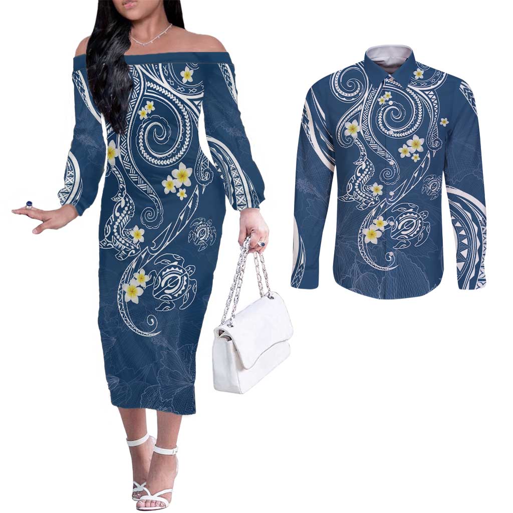 Polynesia Tribal Couples Matching Off The Shoulder Long Sleeve Dress and Long Sleeve Button Shirt Deep Blue Plumeria Tentacles