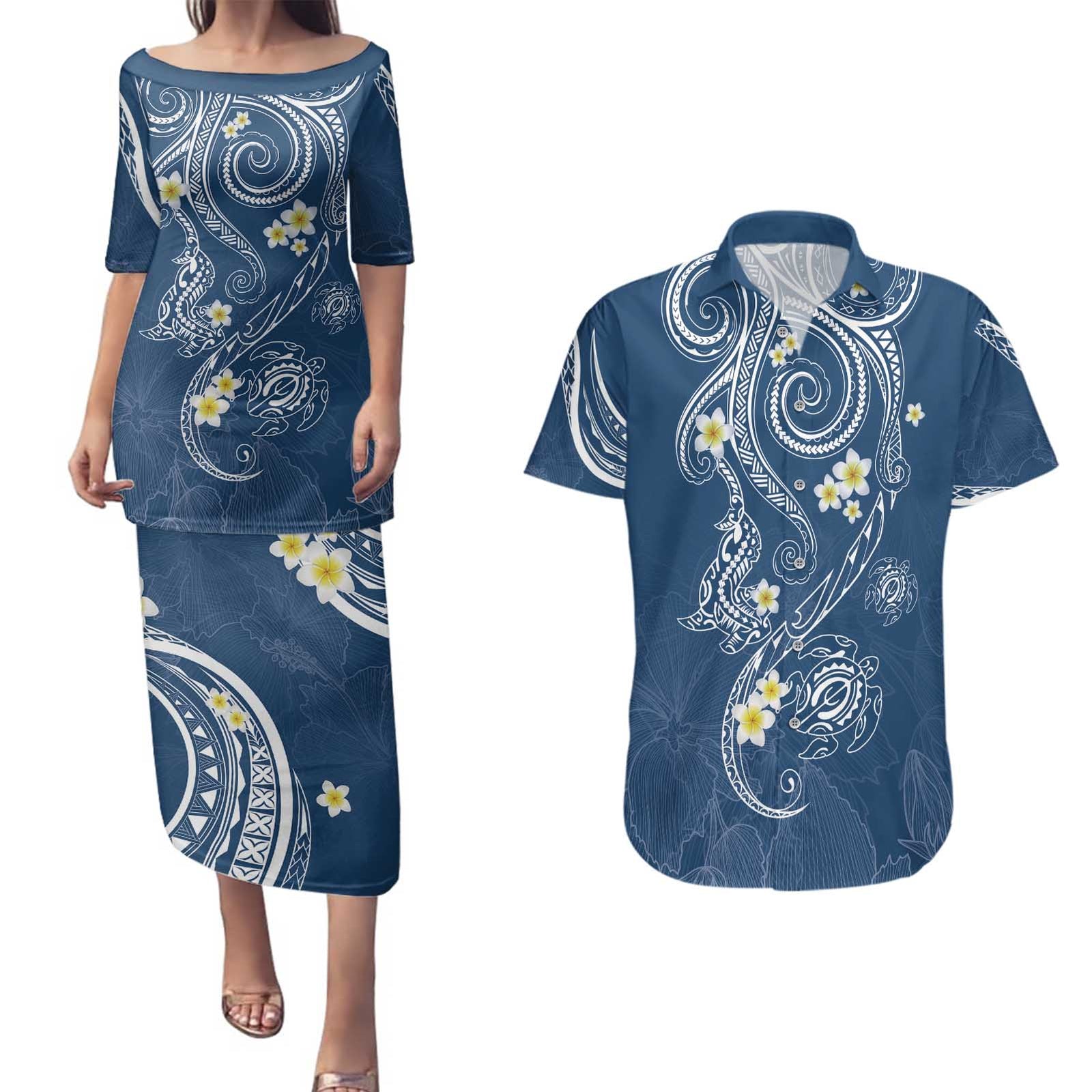 Polynesia Tribal Couples Matching Puletasi and Hawaiian Shirt Deep Blue Plumeria Tentacles LT7 Blue - Polynesian Pride