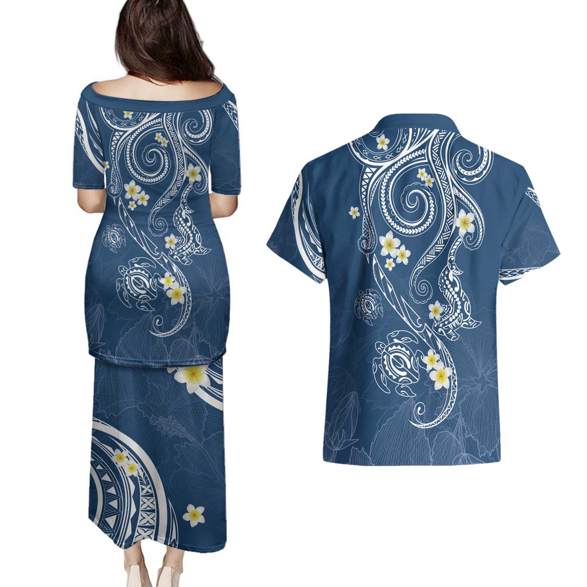 Polynesia Tribal Couples Matching Puletasi and Hawaiian Shirt Deep Blue Plumeria Tentacles LT7 - Polynesian Pride