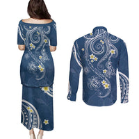 Polynesia Tribal Couples Matching Puletasi and Long Sleeve Button Shirt Deep Blue Plumeria Tentacles LT7 - Polynesian Pride