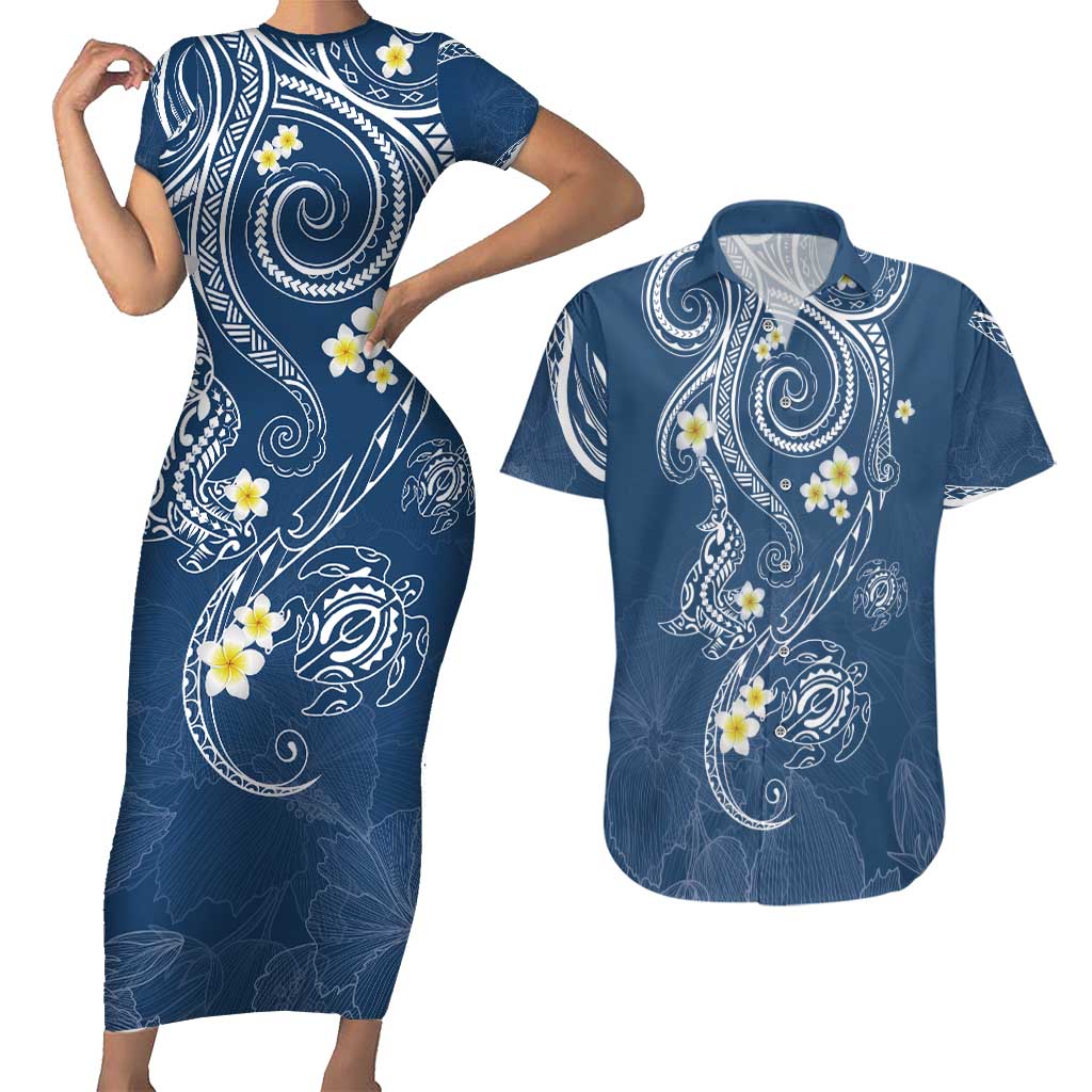 Polynesia Tribal Couples Matching Short Sleeve Bodycon Dress and Hawaiian Shirt Deep Blue Plumeria Tentacles LT7 Blue - Polynesian Pride
