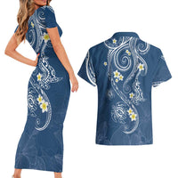 Polynesia Tribal Couples Matching Short Sleeve Bodycon Dress and Hawaiian Shirt Deep Blue Plumeria Tentacles LT7 - Polynesian Pride
