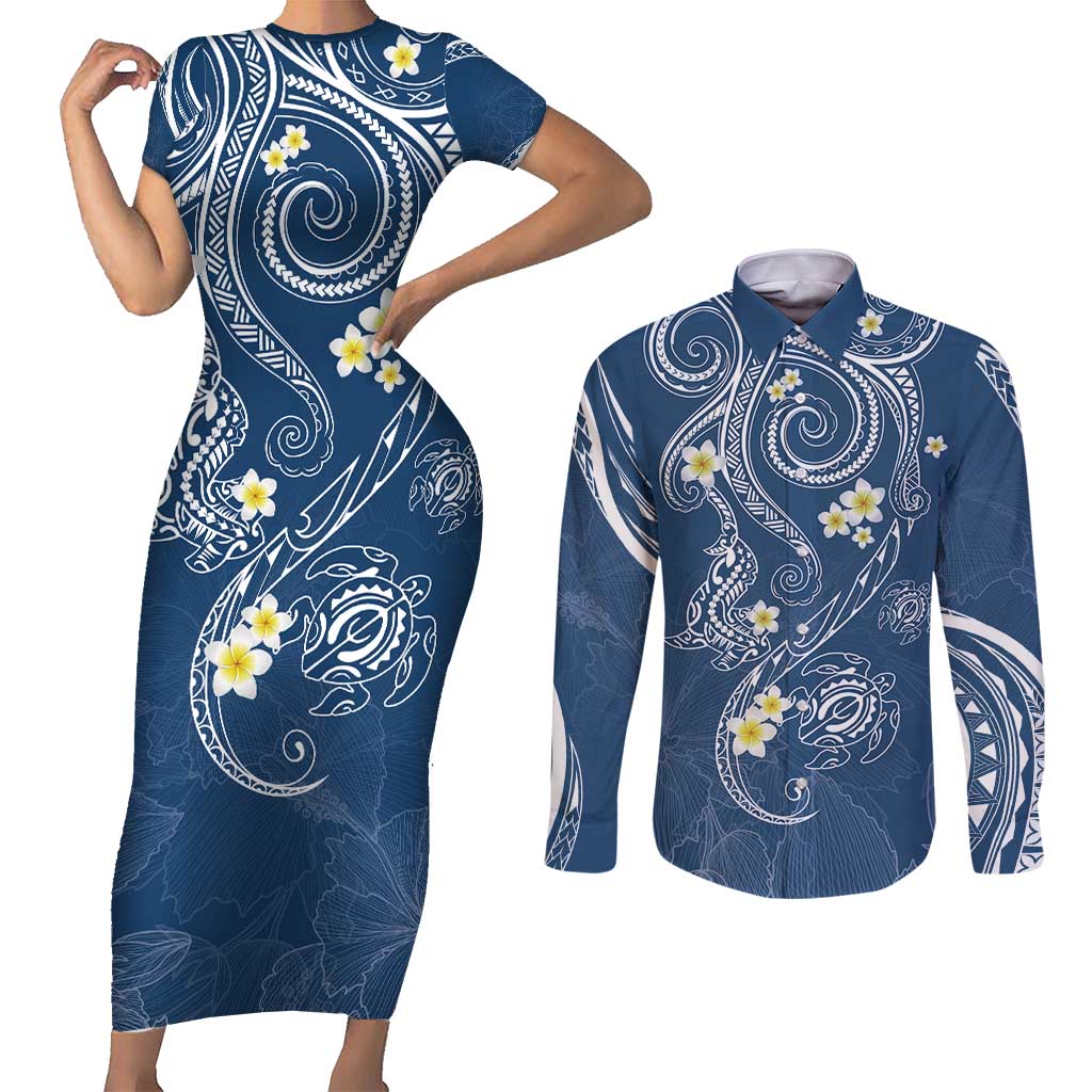 Polynesia Tribal Couples Matching Short Sleeve Bodycon Dress and Long Sleeve Button Shirt Deep Blue Plumeria Tentacles LT7 Blue - Polynesian Pride