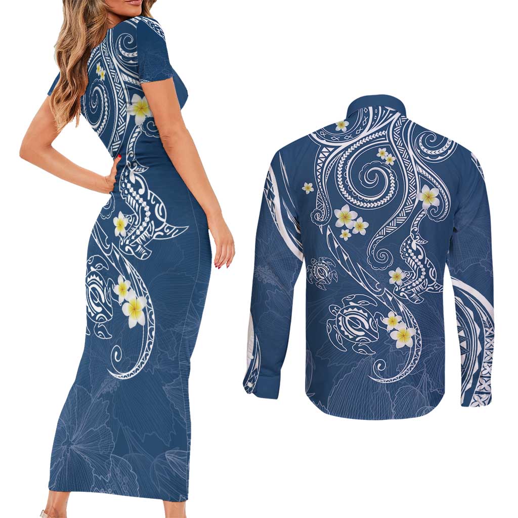 Polynesia Tribal Couples Matching Short Sleeve Bodycon Dress and Long Sleeve Button Shirt Deep Blue Plumeria Tentacles LT7 - Polynesian Pride
