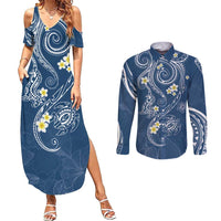 Polynesia Tribal Couples Matching Summer Maxi Dress and Long Sleeve Button Shirt Deep Blue Plumeria Tentacles