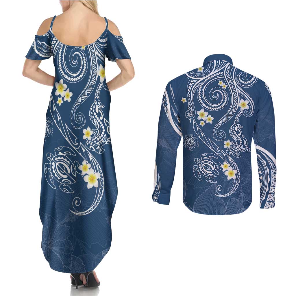 Polynesia Tribal Couples Matching Summer Maxi Dress and Long Sleeve Button Shirt Deep Blue Plumeria Tentacles