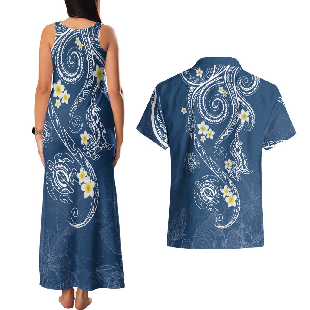 Polynesia Tribal Couples Matching Tank Maxi Dress and Hawaiian Shirt Deep Blue Plumeria Tentacles LT7 - Polynesian Pride