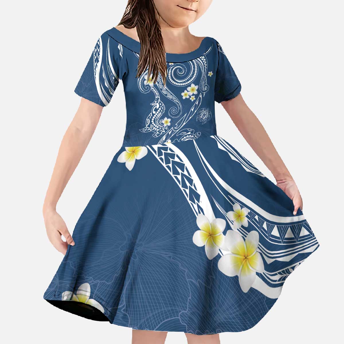 Polynesia Tribal Family Matching Off The Shoulder Long Sleeve Dress and Hawaiian Shirt Deep Blue Plumeria Tentacles