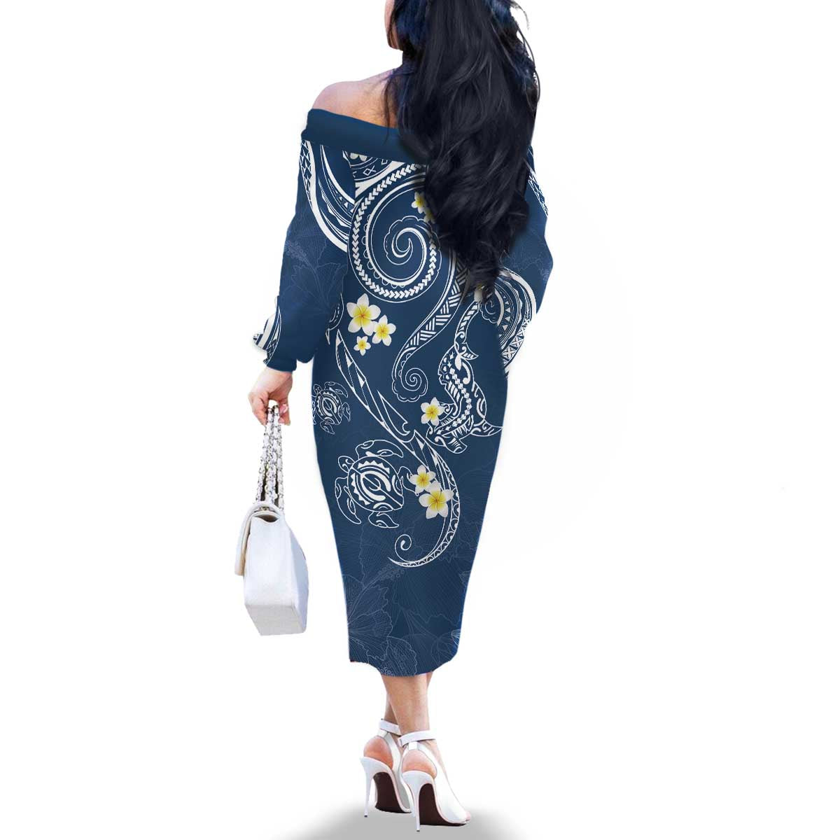 Polynesia Tribal Family Matching Off The Shoulder Long Sleeve Dress and Hawaiian Shirt Deep Blue Plumeria Tentacles