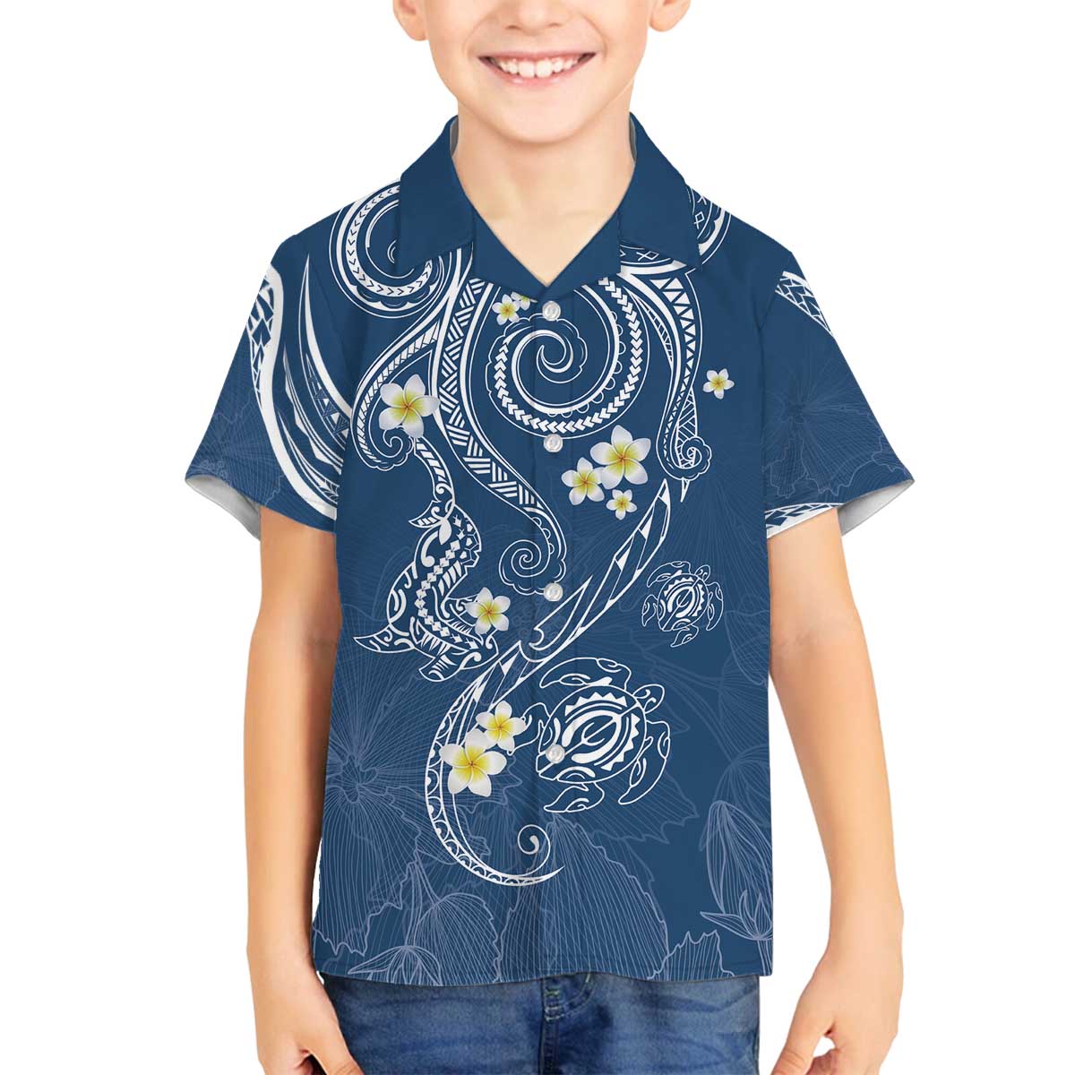Polynesia Tribal Family Matching Off The Shoulder Long Sleeve Dress and Hawaiian Shirt Deep Blue Plumeria Tentacles