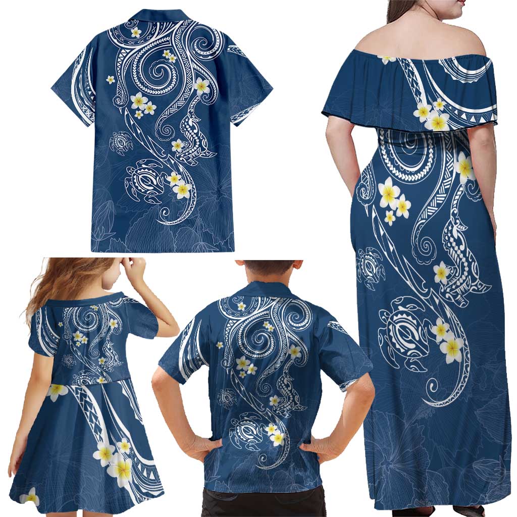 Polynesia Tribal Family Matching Off Shoulder Maxi Dress and Hawaiian Shirt Deep Blue Plumeria Tentacles