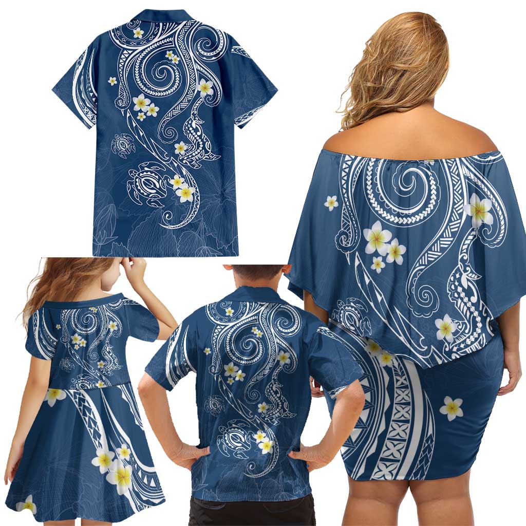 Polynesia Tribal Family Matching Off Shoulder Short Dress and Hawaiian Shirt Deep Blue Plumeria Tentacles