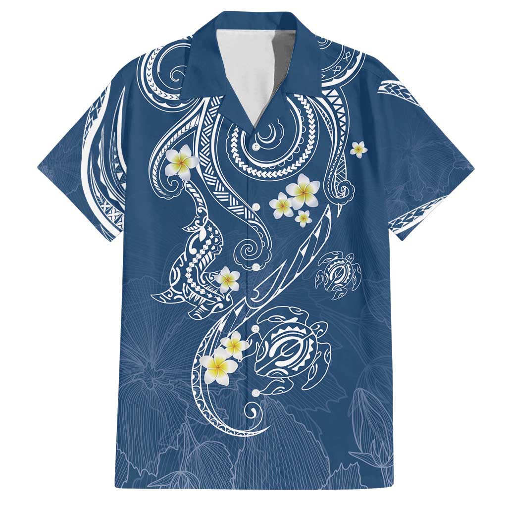 Polynesia Tribal Family Matching Off Shoulder Short Dress and Hawaiian Shirt Deep Blue Plumeria Tentacles