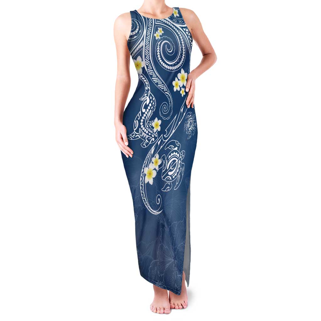 Polynesia Tribal Family Matching Tank Maxi Dress and Hawaiian Shirt Deep Blue Plumeria Tentacles