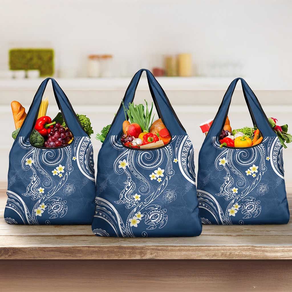 Polynesia Tribal Grocery Bag Deep Blue Plumeria Tentacles
