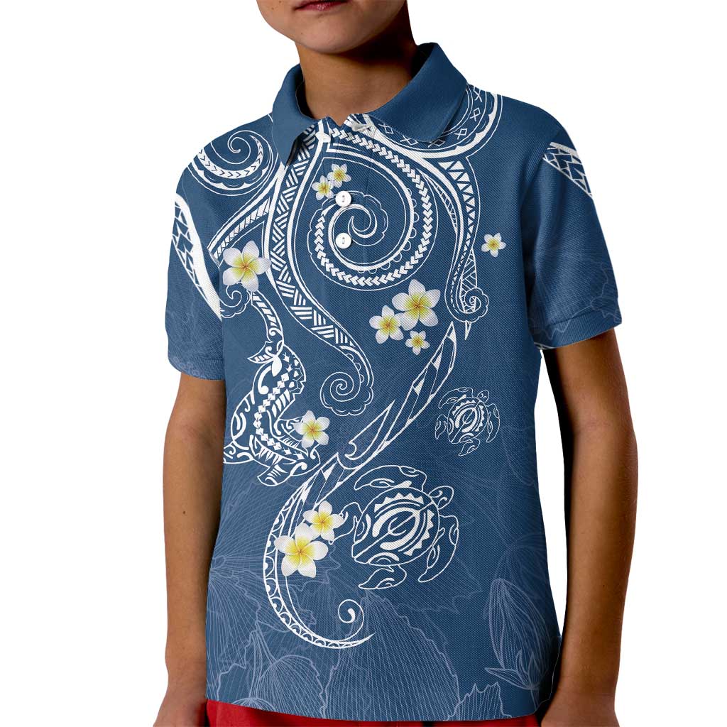 Polynesia Tribal Kid Polo Shirt Deep Blue Plumeria Tentacles