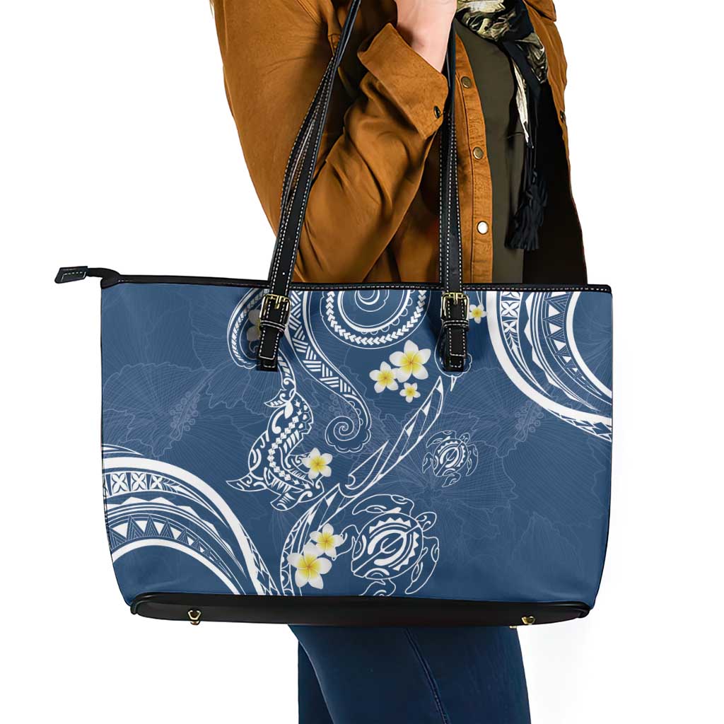 Polynesia Tribal Leather Tote Bag Deep Blue Plumeria Tentacles LT7 - Polynesian Pride