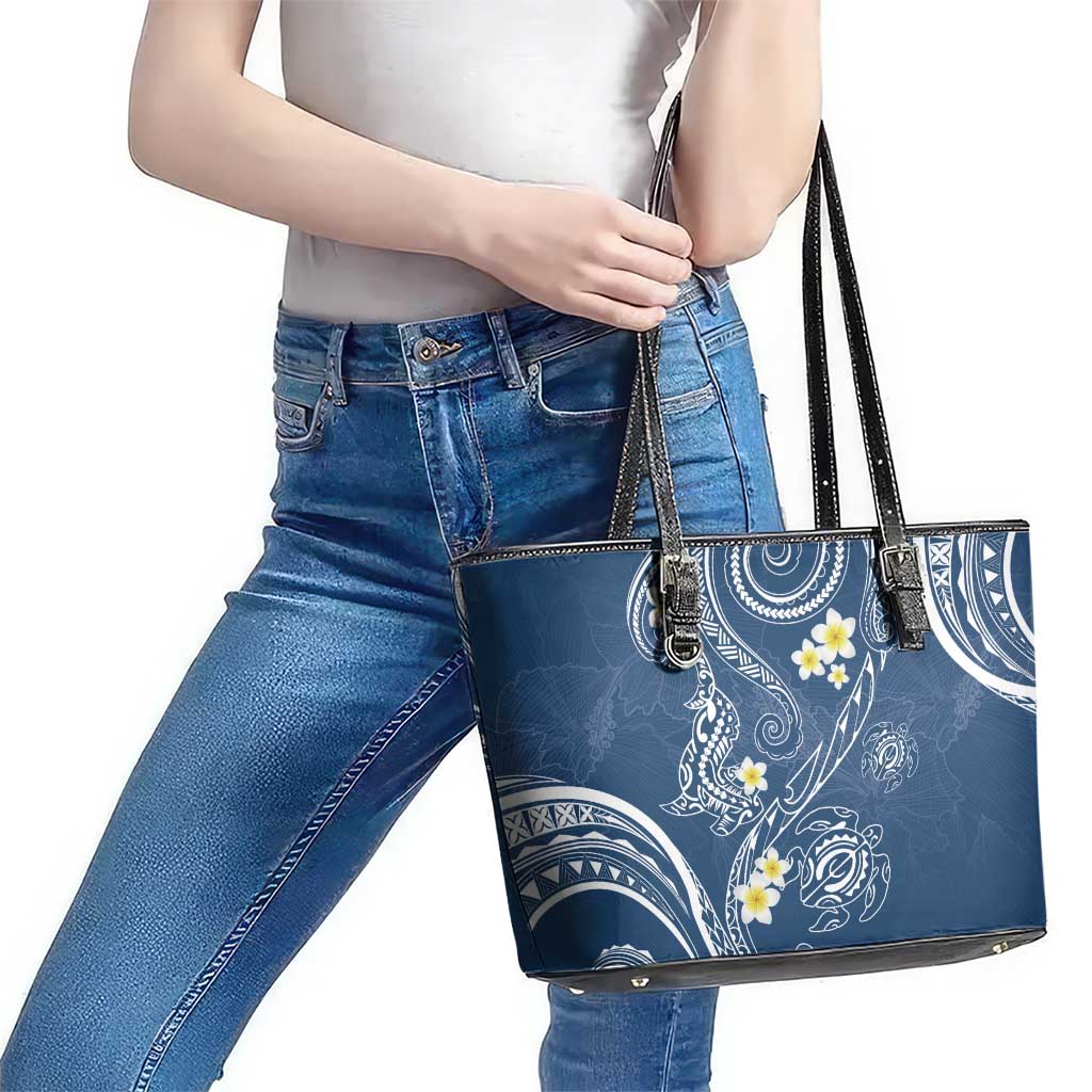 Polynesia Tribal Leather Tote Bag Deep Blue Plumeria Tentacles LT7 - Polynesian Pride