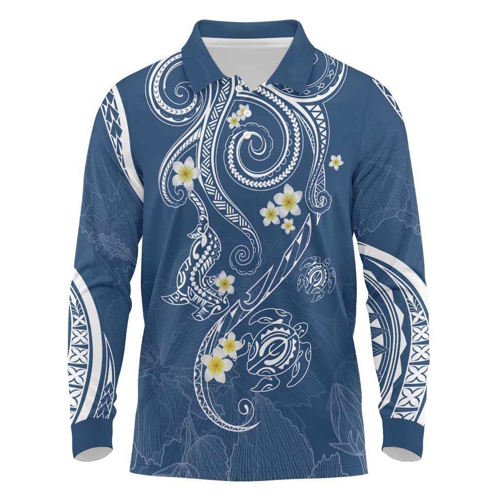 Polynesia Tribal Long Sleeve Polo Shirt Deep Blue Plumeria Tentacles