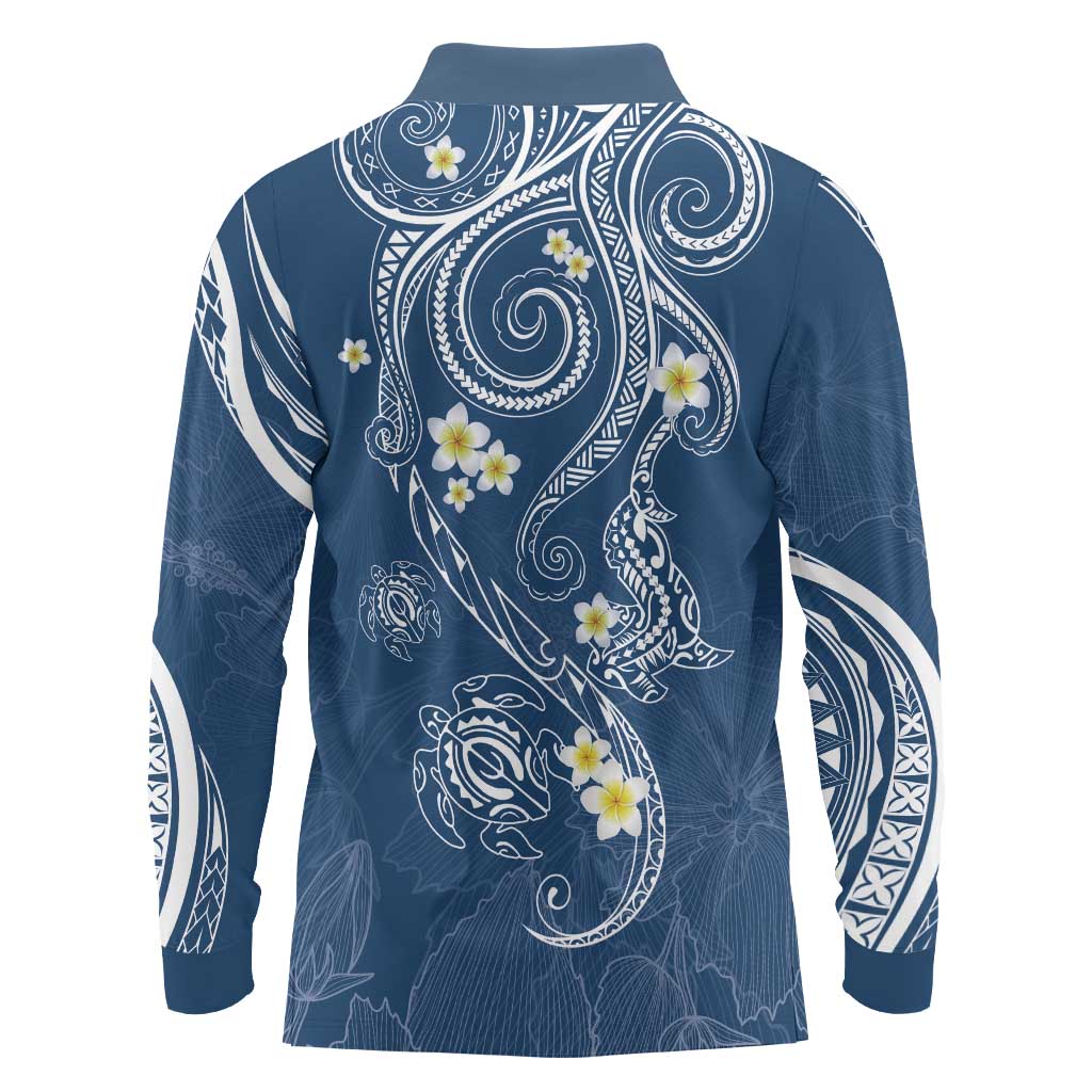 Polynesia Tribal Long Sleeve Polo Shirt Deep Blue Plumeria Tentacles