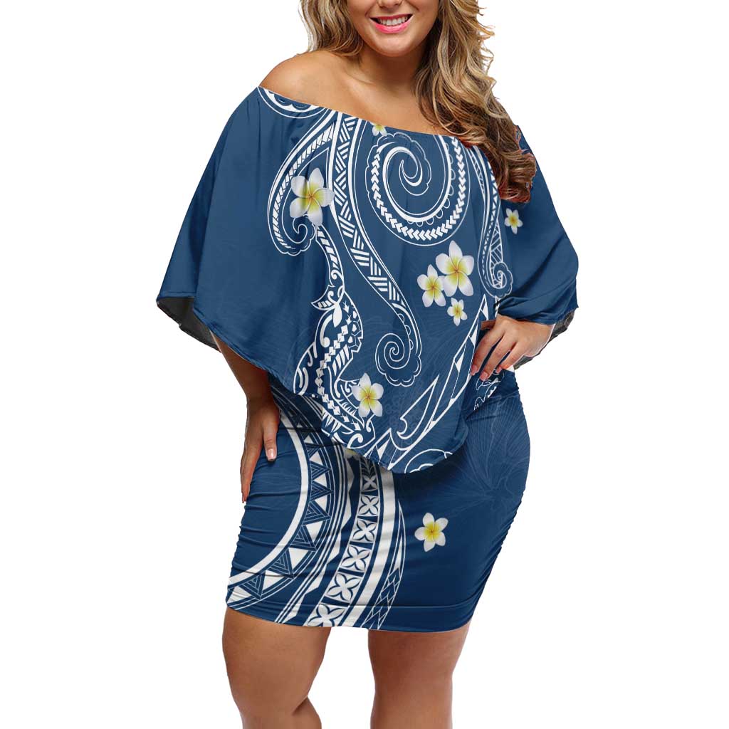 Polynesia Tribal Off Shoulder Short Dress Deep Blue Plumeria Tentacles LT7 Women Blue - Polynesian Pride
