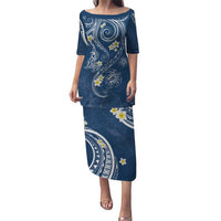 Polynesia Tribal Puletasi Deep Blue Plumeria Tentacles LT7 Long Dress Blue - Polynesian Pride