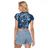 Polynesia Tribal Raglan Cropped T Shirt Deep Blue Plumeria Tentacles LT7 - Polynesian Pride
