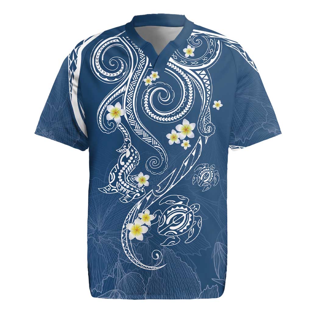 Polynesia Tribal Rugby Jersey Deep Blue Plumeria Tentacles