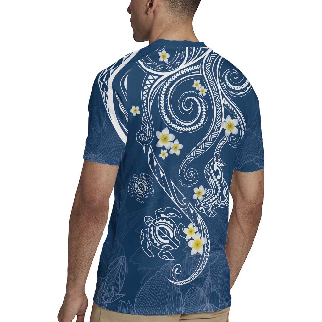Polynesia Tribal Rugby Jersey Deep Blue Plumeria Tentacles