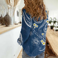Polynesia Tribal Women Casual Shirt Deep Blue Plumeria Tentacles