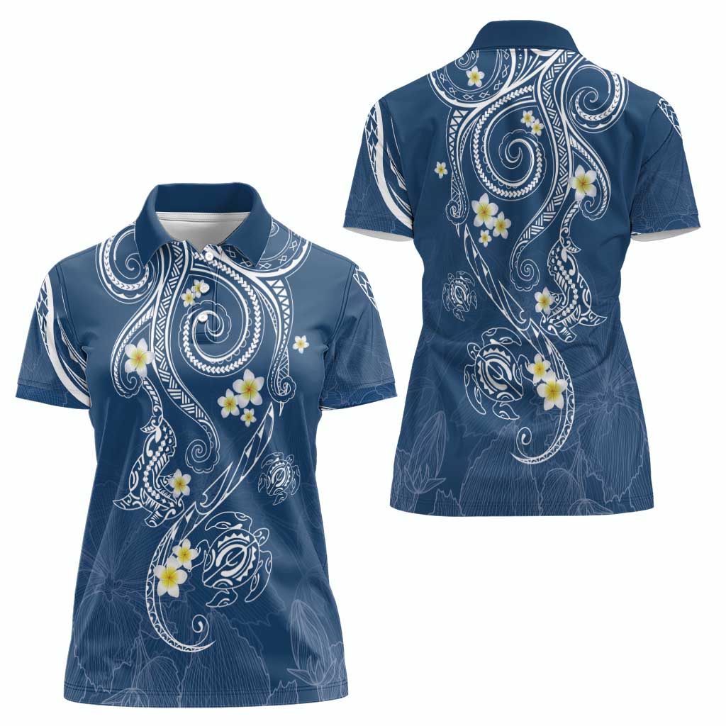 Polynesia Tribal Women Polo Shirt Deep Blue Plumeria Tentacles