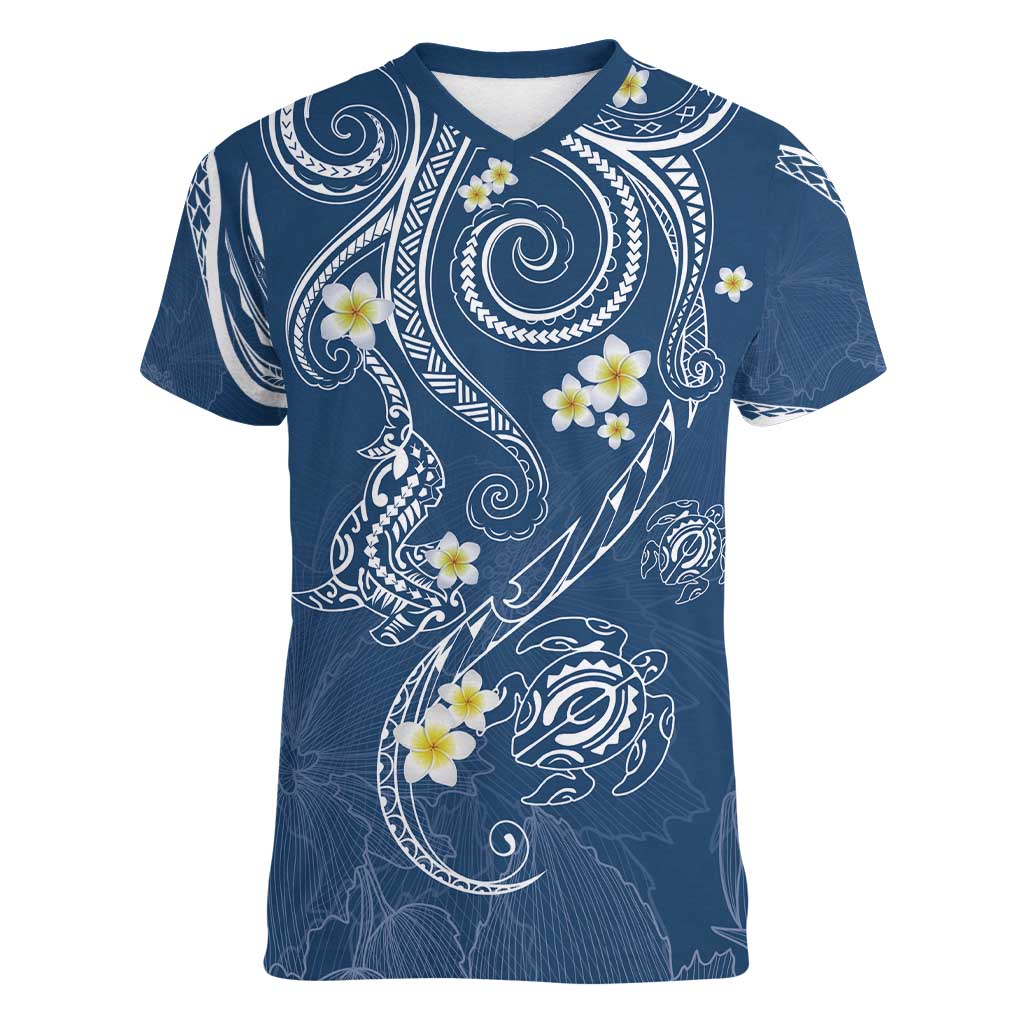 Polynesia Tribal Women V-Neck T-Shirt Deep Blue Plumeria Tentacles LT7 Female Blue - Polynesian Pride