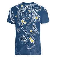 Polynesia Tribal Women V-Neck T-Shirt Deep Blue Plumeria Tentacles LT7 - Polynesian Pride
