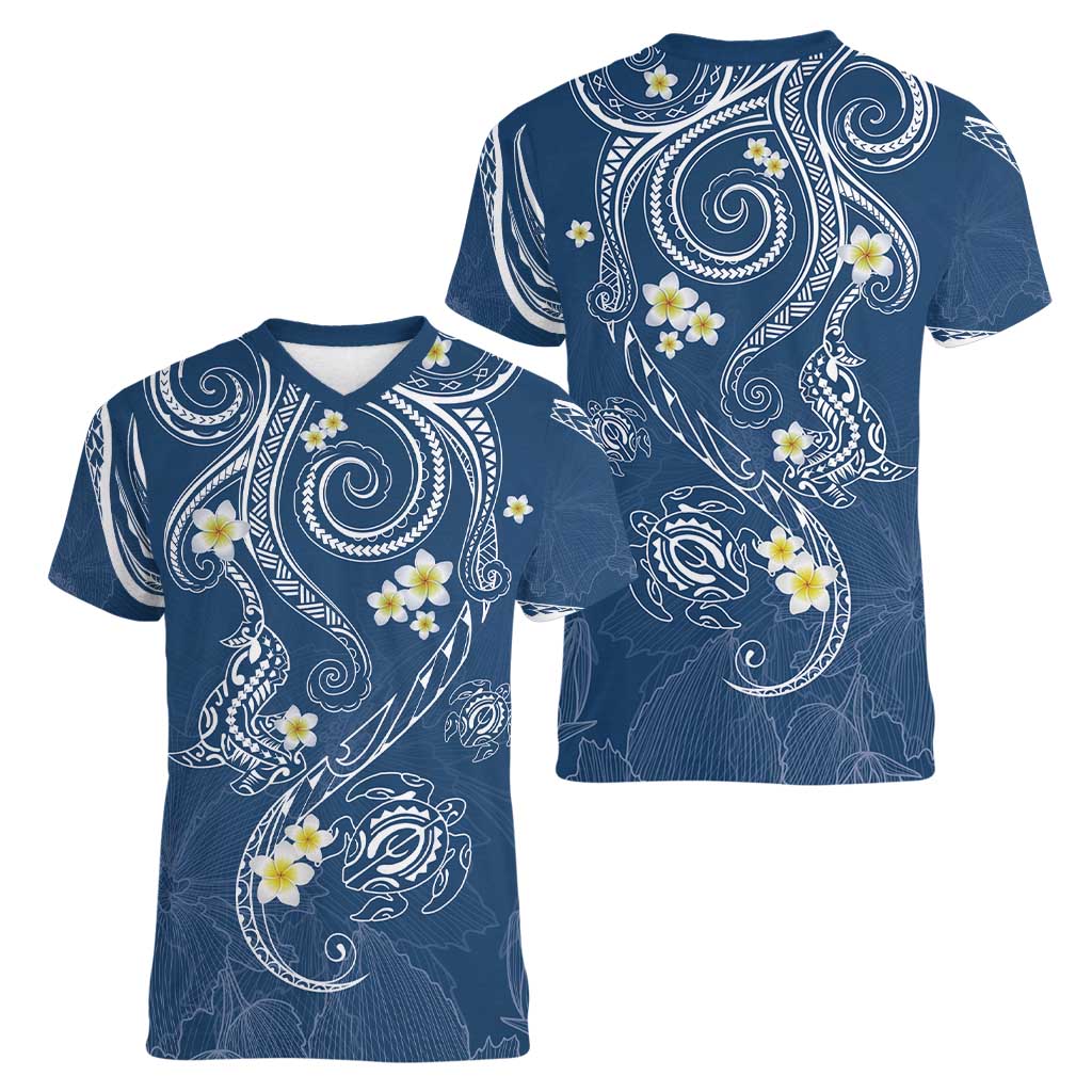 Polynesia Tribal Women V-Neck T-Shirt Deep Blue Plumeria Tentacles LT7 - Polynesian Pride